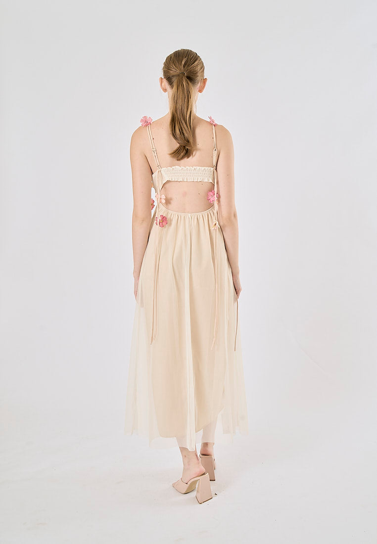 Somerset Nude Pink Floral-Appliqué Strap  Midi Dress