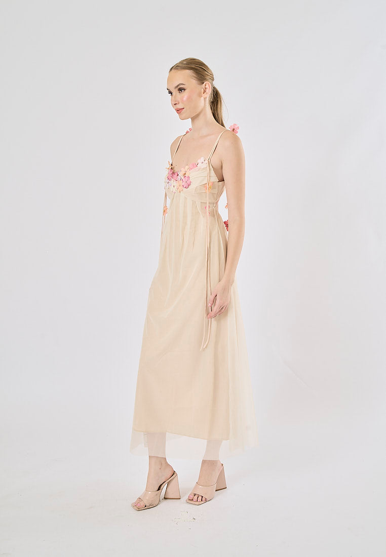 Somerset Nude Pink Floral-Appliqué Strap  Midi Dress