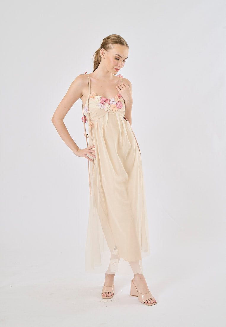 Somerset Nude Pink Floral-Appliqué Strap  Midi Dress