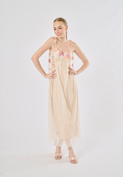 Somerset Nude Pink Floral-Appliqué Strap  Midi Dress