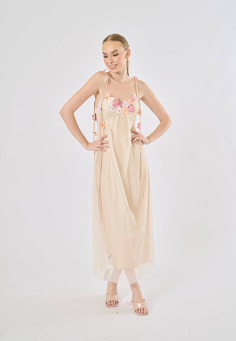 Somerset Nude Pink Floral-Appliqué Strap  Midi Dress