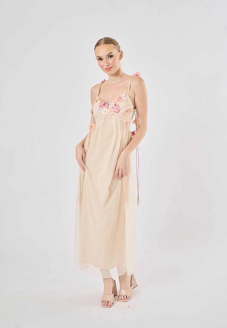 Somerset Nude Pink Floral-Appliqué Strap  Midi Dress