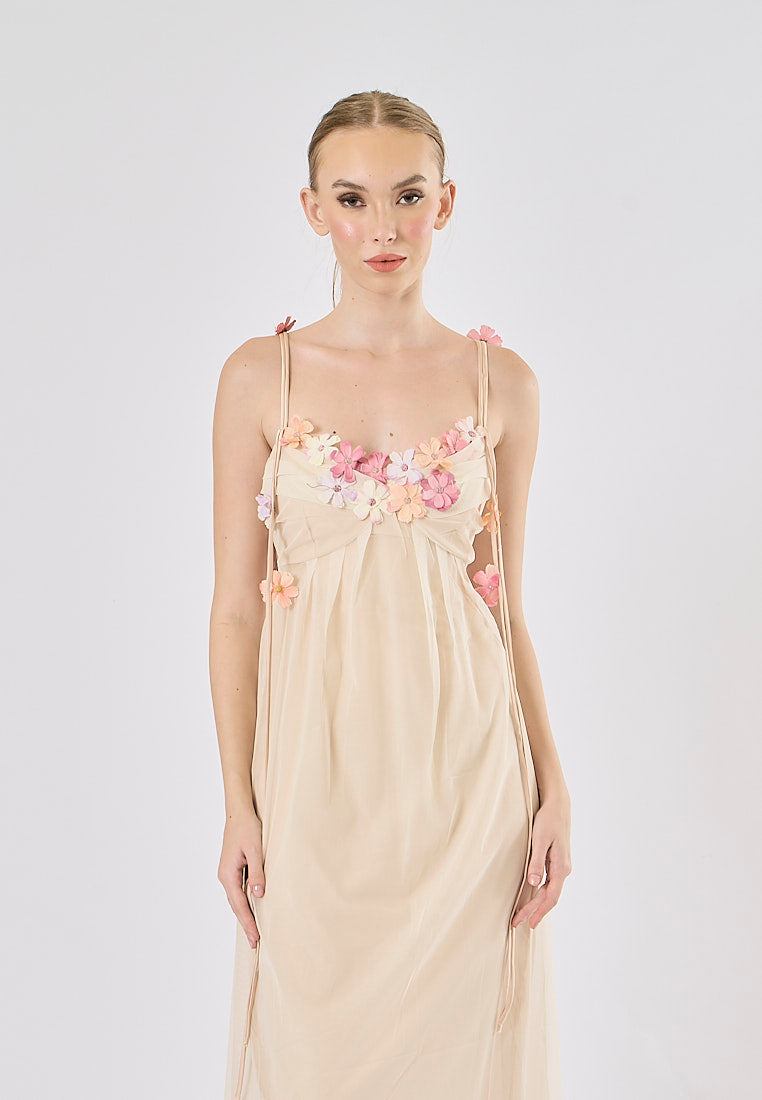 Somerset Nude Pink Floral-Appliqué Strap  Midi Dress