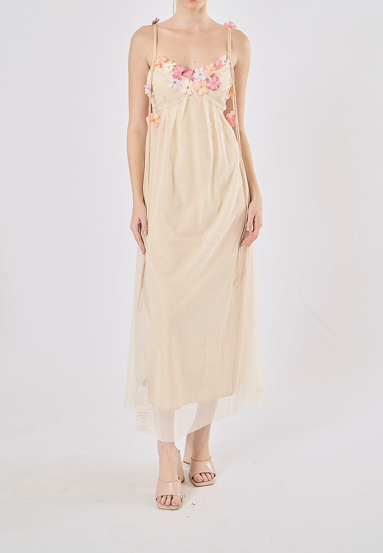 Somerset Nude Pink Floral-Appliqué Strap  Midi Dress