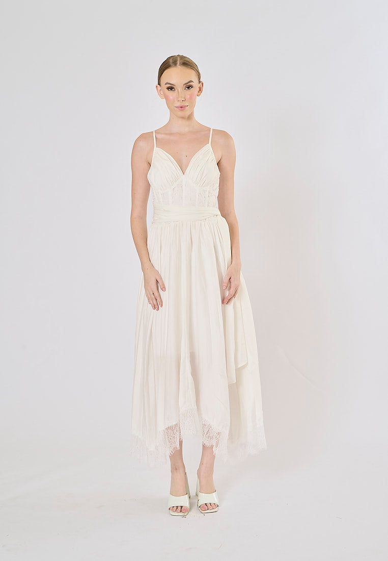 Nerizza White Deep V Neck Halter Lace Pleated Maxi Dress