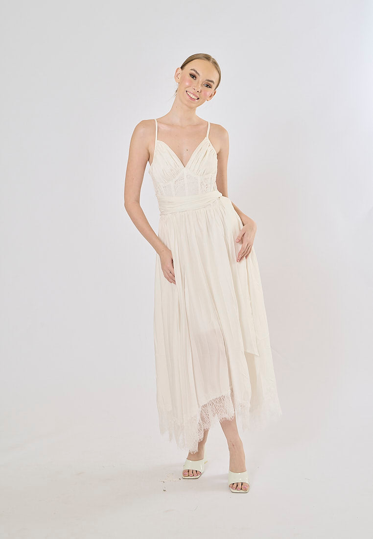 Nerizza White Deep V Neck Halter Lace Pleated Maxi Dress