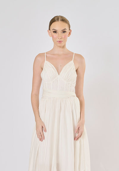 Nerizza White Deep V Neck Halter Lace Pleated Maxi Dress