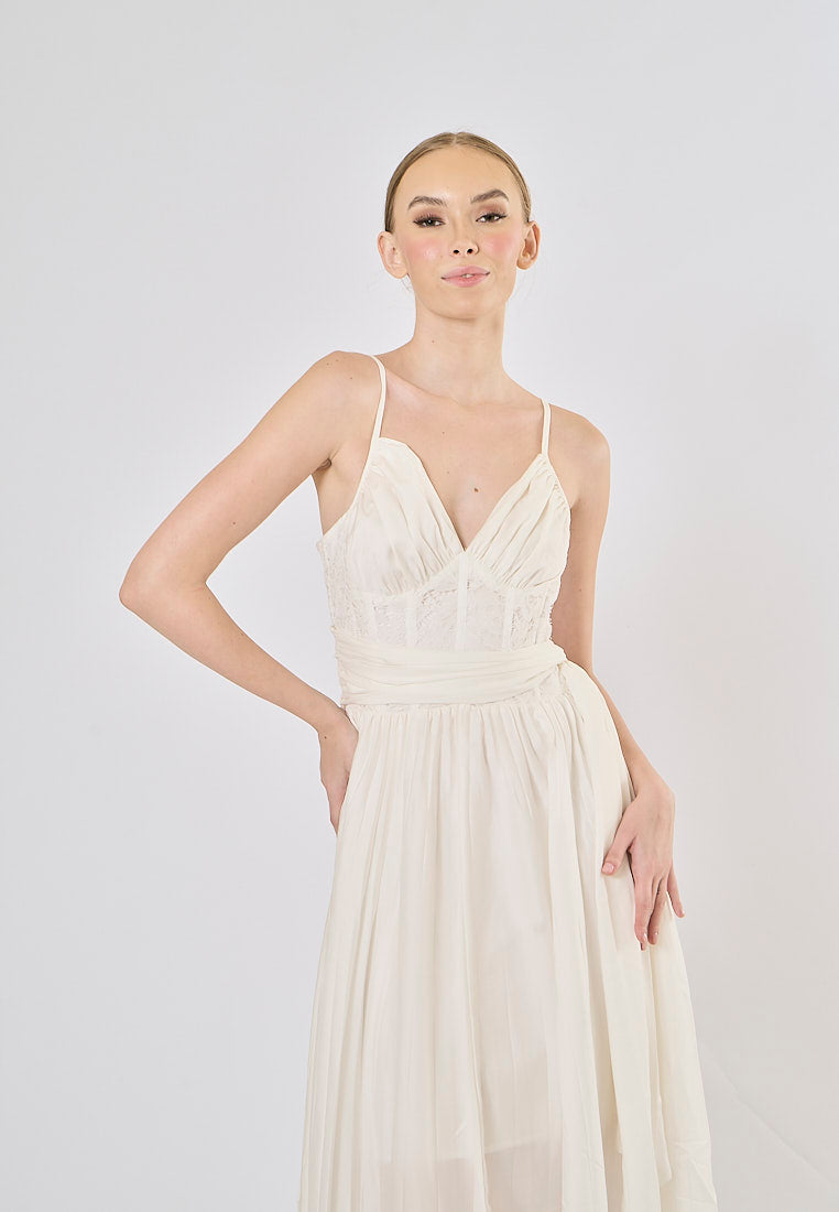 Nerizza White Deep V Neck Halter Lace Pleated Maxi Dress