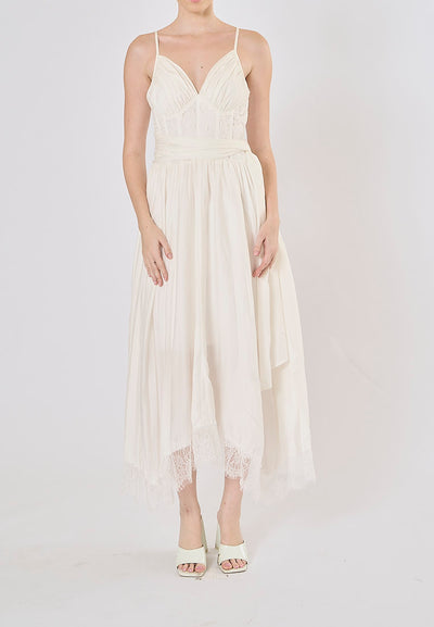 Nerizza White Deep V Neck Halter Lace Pleated Maxi Dress