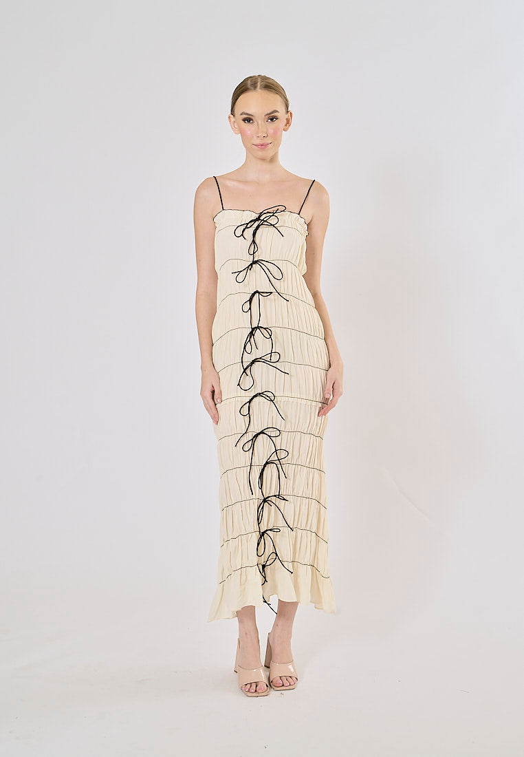 Tersia Beige Lace up Pleated Maxi Dress