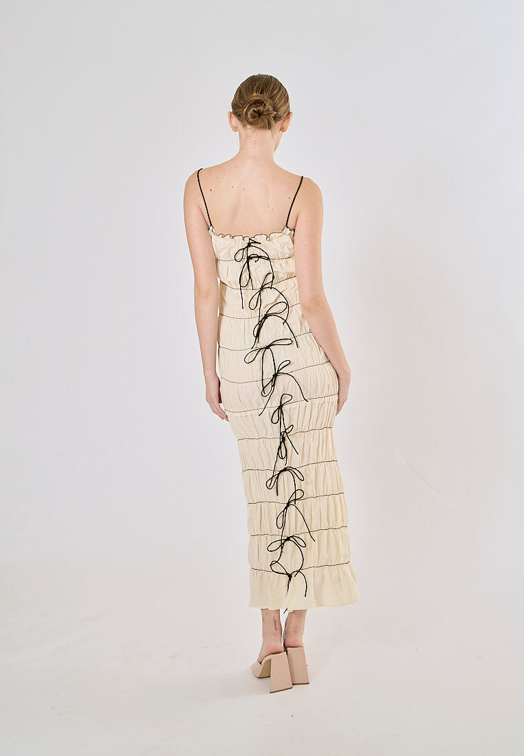 Tersia Beige Lace up Pleated Maxi Dress