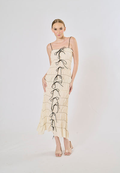 Tersia Beige Lace up Pleated Maxi Dress