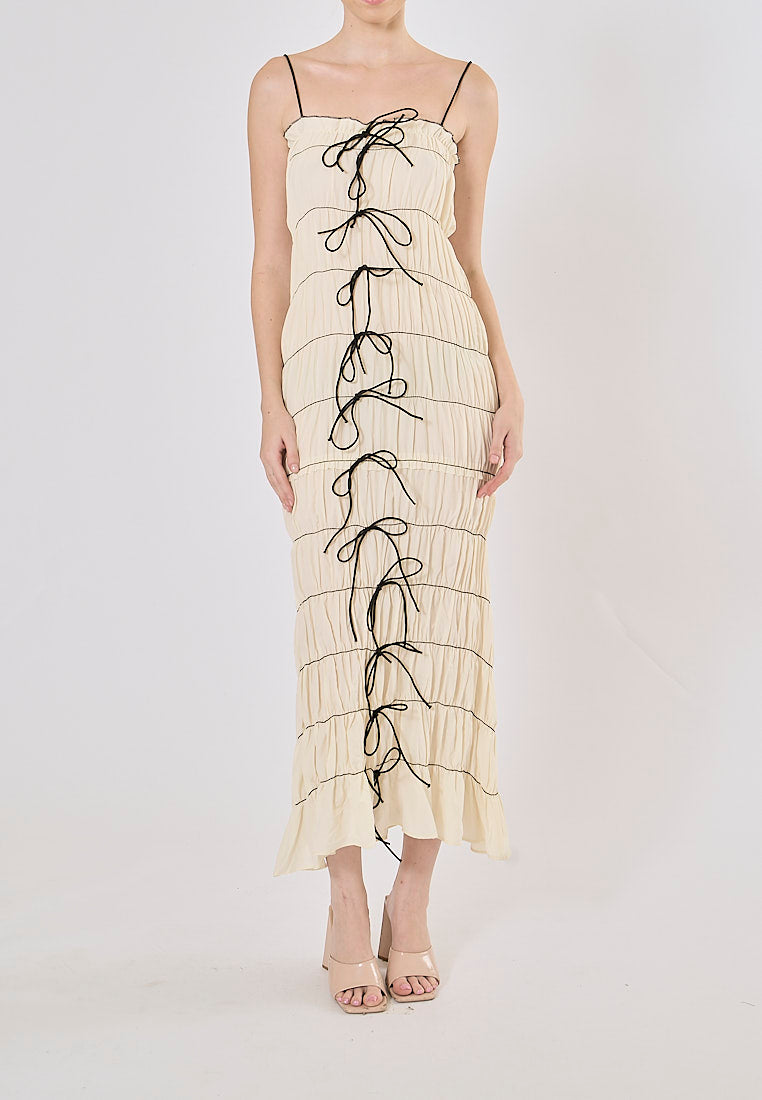 Tersia Beige Lace up Pleated Maxi Dress