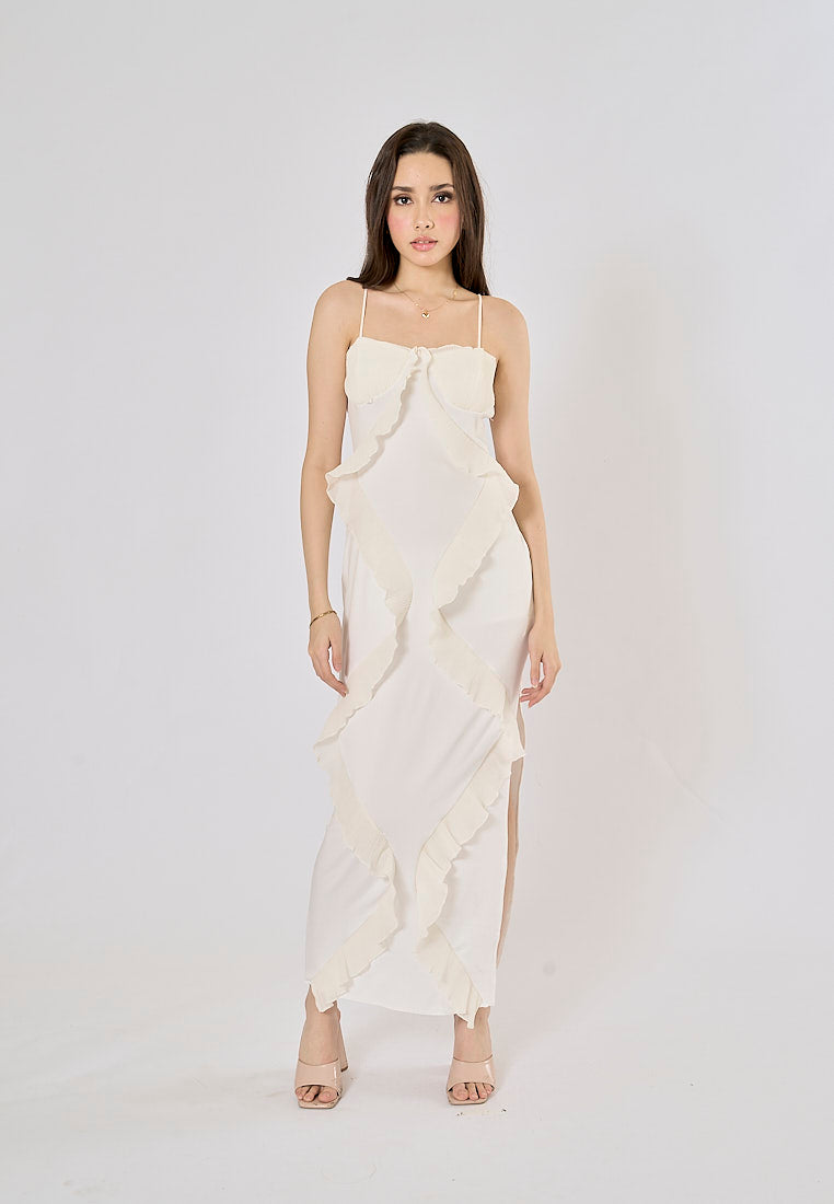 Dabria White Asymestric Ruffle High Slit Maxi Dress