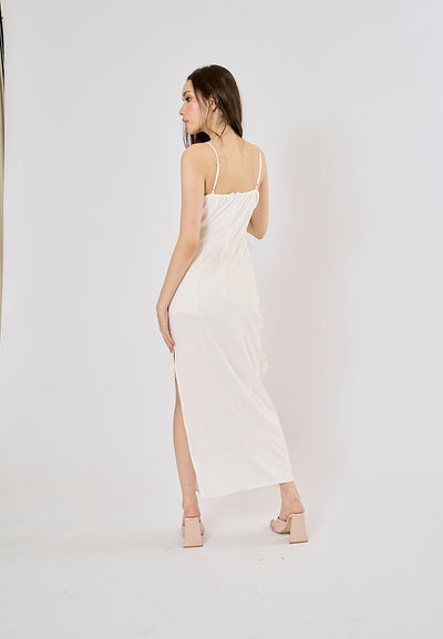 Dabria White Asymestric Ruffle High Slit Maxi Dress