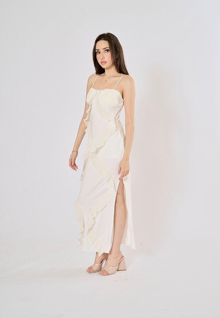 Dabria White Asymestric Ruffle High Slit Maxi Dress