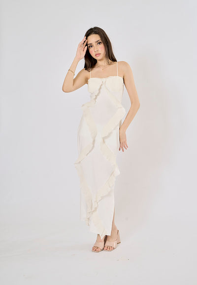 Dabria White Asymestric Ruffle High Slit Maxi Dress