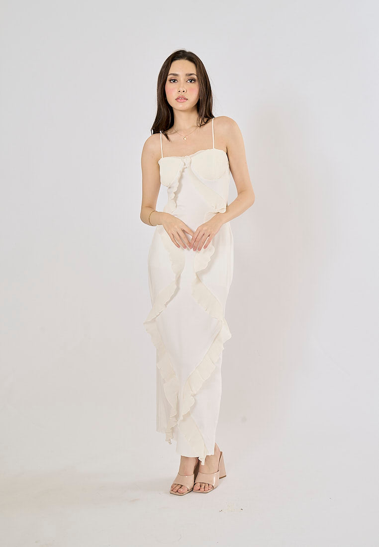 Dabria White Asymestric Ruffle High Slit Maxi Dress