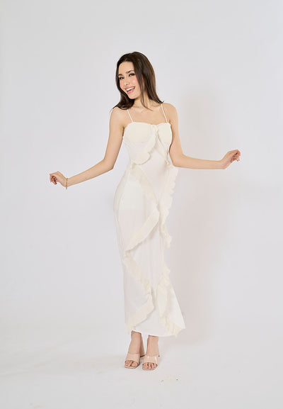 Dabria White Asymestric Ruffle High Slit Maxi Dress