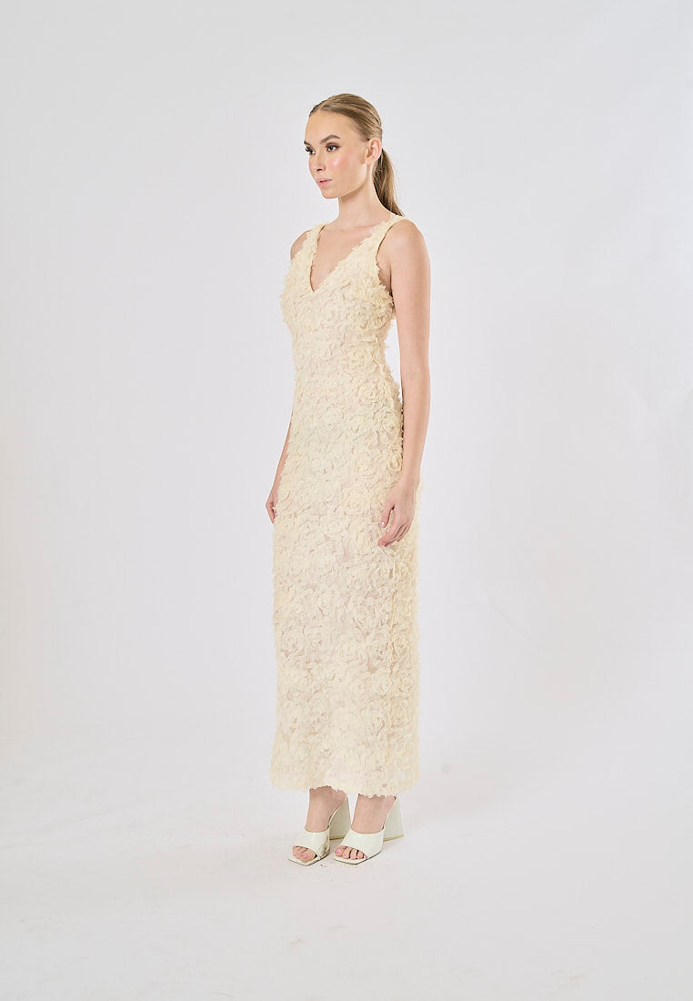 Iriza Beige Deep V-Neck Floral Texture Back Sllit Maxi Dress