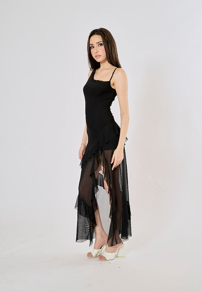 Condora Black Asymestric Ruffles High Slit Maxi Dress