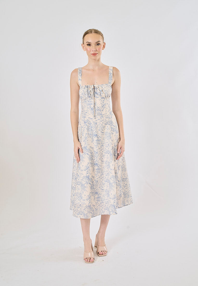 Slovenia Arctic Blue Floral Print Ruched Bust Midi Dress