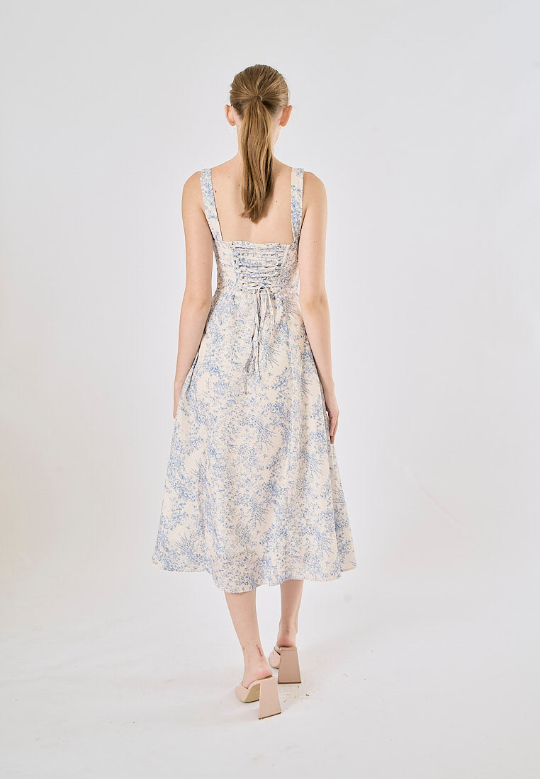 Slovenia Arctic Blue Floral Print Ruched Bust Midi Dress