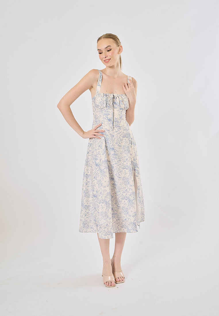 Slovenia Arctic Blue Floral Print Ruched Bust Midi Dress