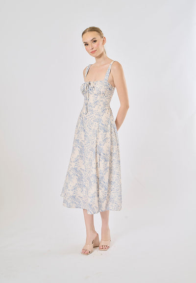 Slovenia Arctic Blue Floral Print Ruched Bust Midi Dress