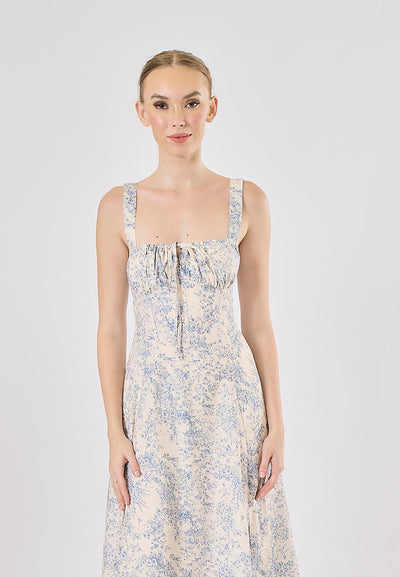 Slovenia Arctic Blue Floral Print Ruched Bust Midi Dress