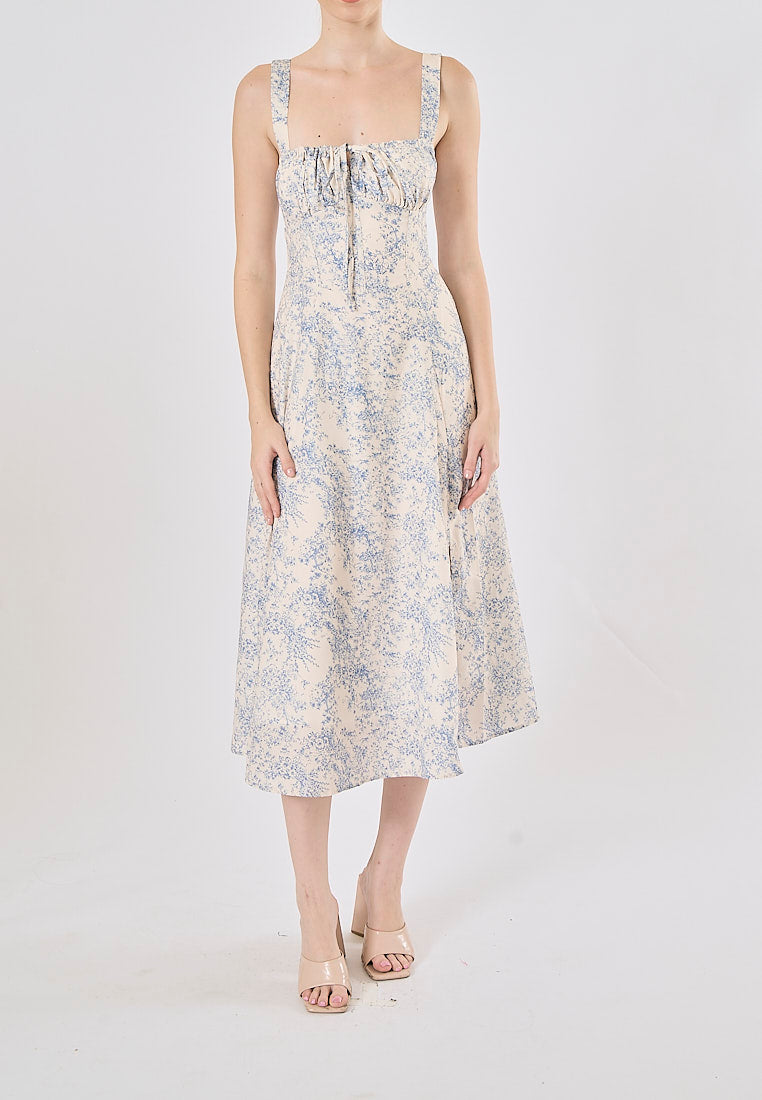 Slovenia Arctic Blue Floral Print Ruched Bust Midi Dress