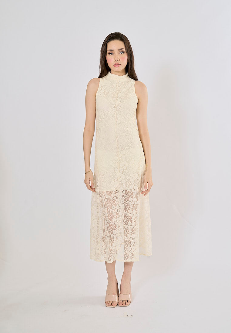 Zeya Soft Beige Floral Lace Pattern High Collar Midi Dress