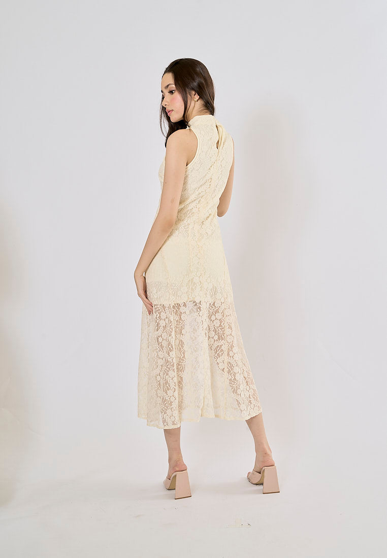 Zeya Soft Beige Floral Lace Pattern High Collar Midi Dress