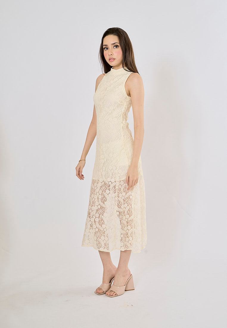 Zeya Soft Beige Floral Lace Pattern High Collar Midi Dress