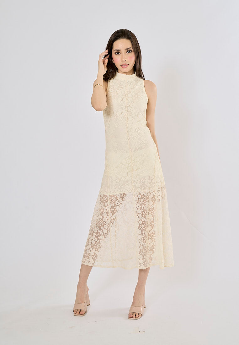 Zeya Soft Beige Floral Lace Pattern High Collar Midi Dress