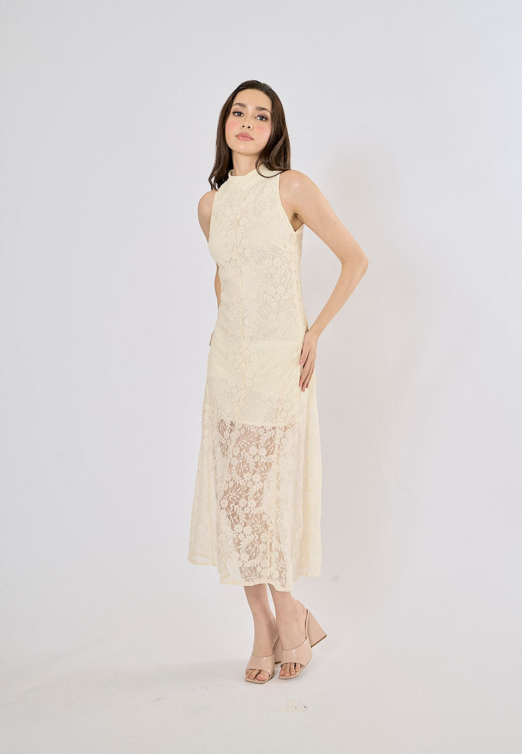 Zeya Soft Beige Floral Lace Pattern High Collar Midi Dress