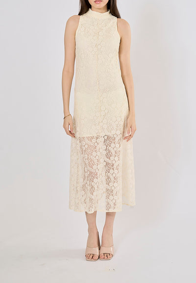 Zeya Soft Beige Floral Lace Pattern High Collar Midi Dress