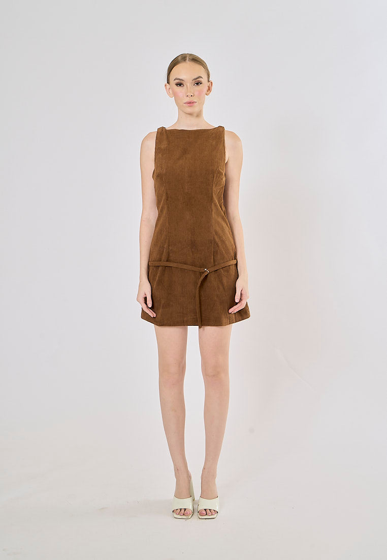 Jordina Wood Brown Corduroy Boat Neck Belted Mini Dress