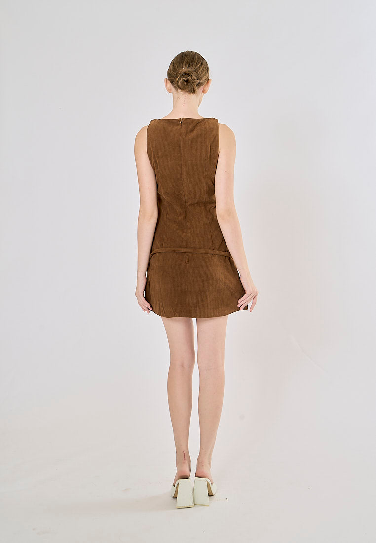 Jordina Wood Brown Corduroy Boat Neck Belted Mini Dress