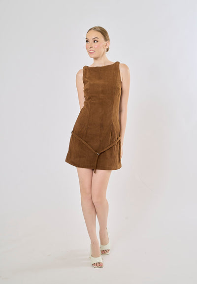 Jordina Wood Brown Corduroy Boat Neck Belted Mini Dress