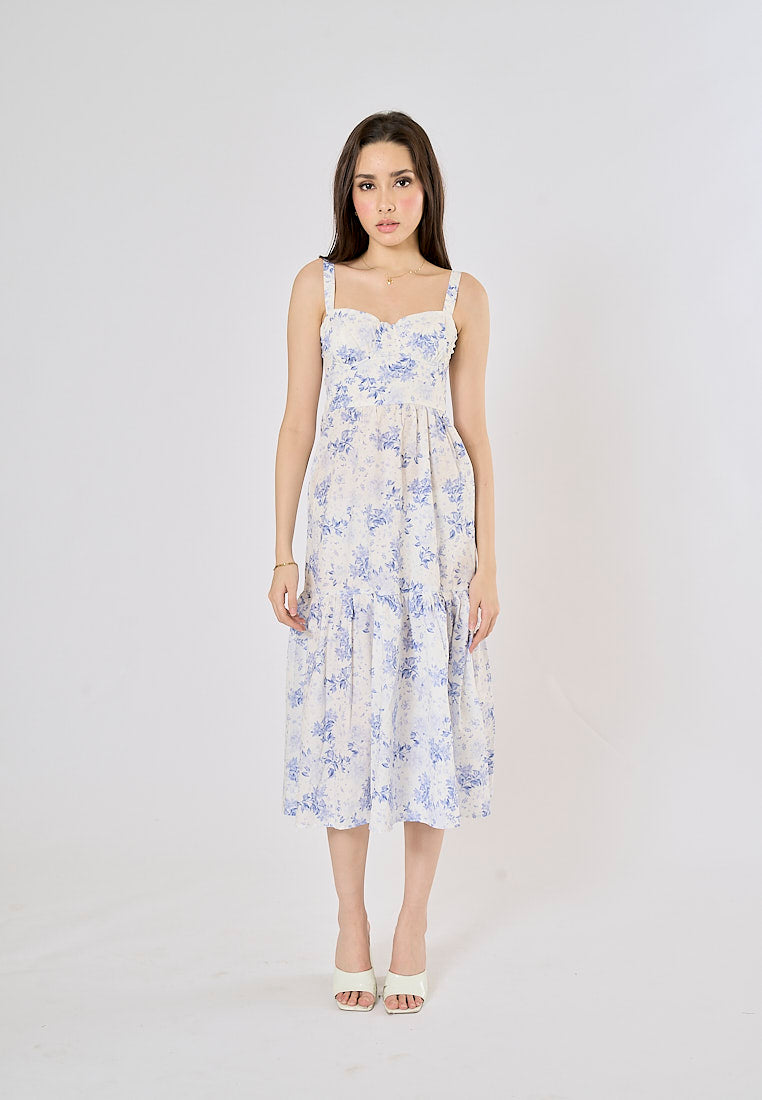 Chiyo Arctic Blue Floral Print Hollow Out Mermaid Midi Dress