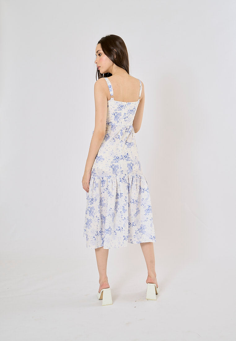 Chiyo Arctic Blue Floral Print Hollow Out Mermaid Midi Dress