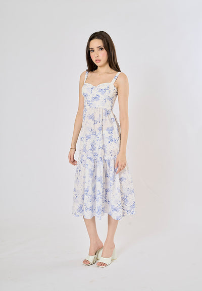 Chiyo Arctic Blue Floral Print Hollow Out Mermaid Midi Dress