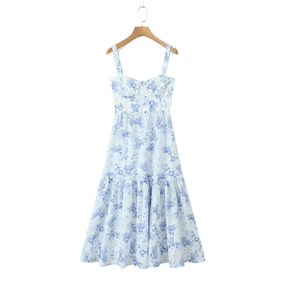 Chiyo Arctic Blue Floral Print Hollow Out Mermaid Midi Dress