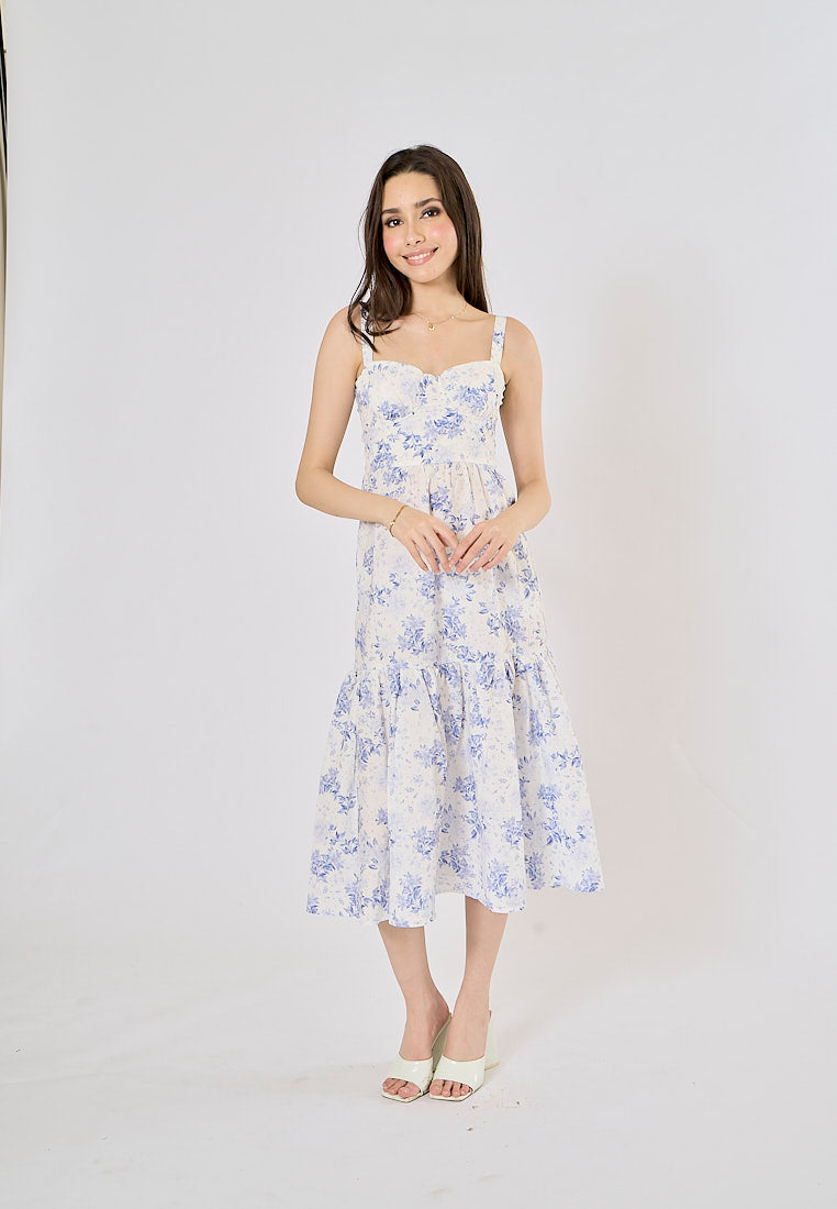 Chiyo Arctic Blue Floral Print Hollow Out Mermaid Midi Dress