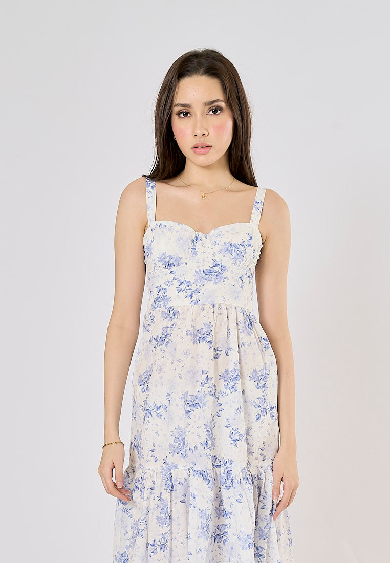 Chiyo Arctic Blue Floral Print Hollow Out Mermaid Midi Dress