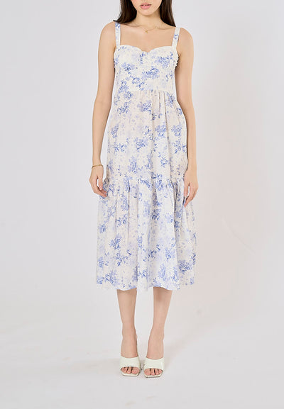 Chiyo Arctic Blue Floral Print Hollow Out Mermaid Midi Dress