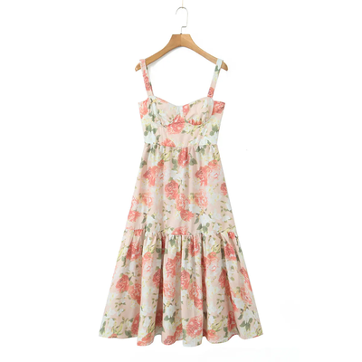 Chini Pink Floral Print Hollow Out Mermaid Midi Dress