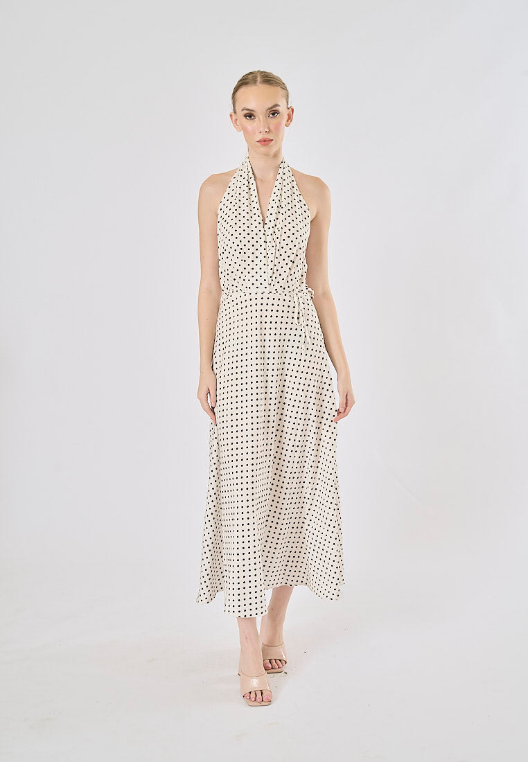 Rufert White Black Polka Dot Print Halter Neck Midi Dress