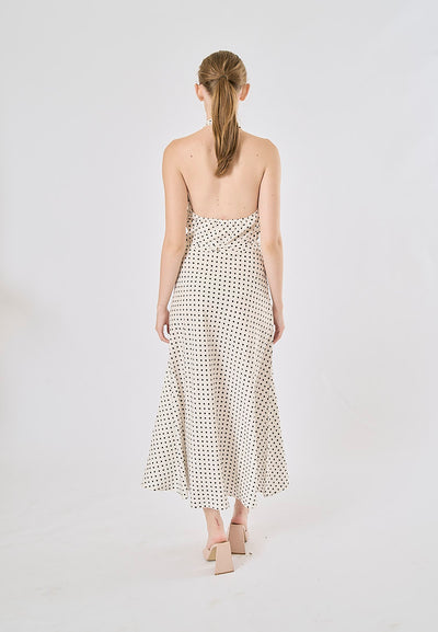 Rufert White Black Polka Dot Print Halter Neck Midi Dress